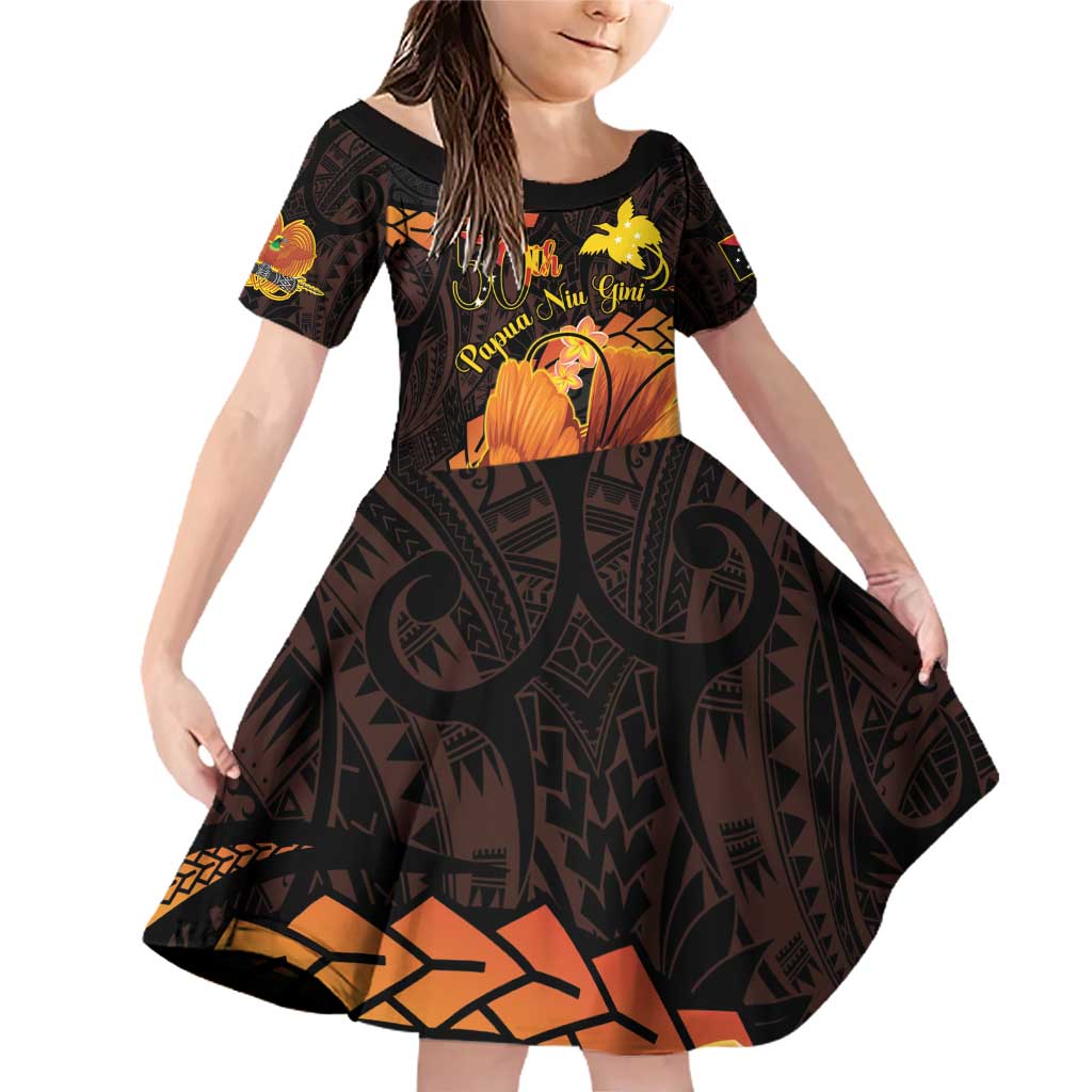 Papua New Guinea Independence Day Family Matching Off Shoulder Short Dress and Hawaiian Shirt 50th Anniversary Papua Niu Gini Bird Of Paradise LT14 Daughter's Dress Black - Polynesian Pride
