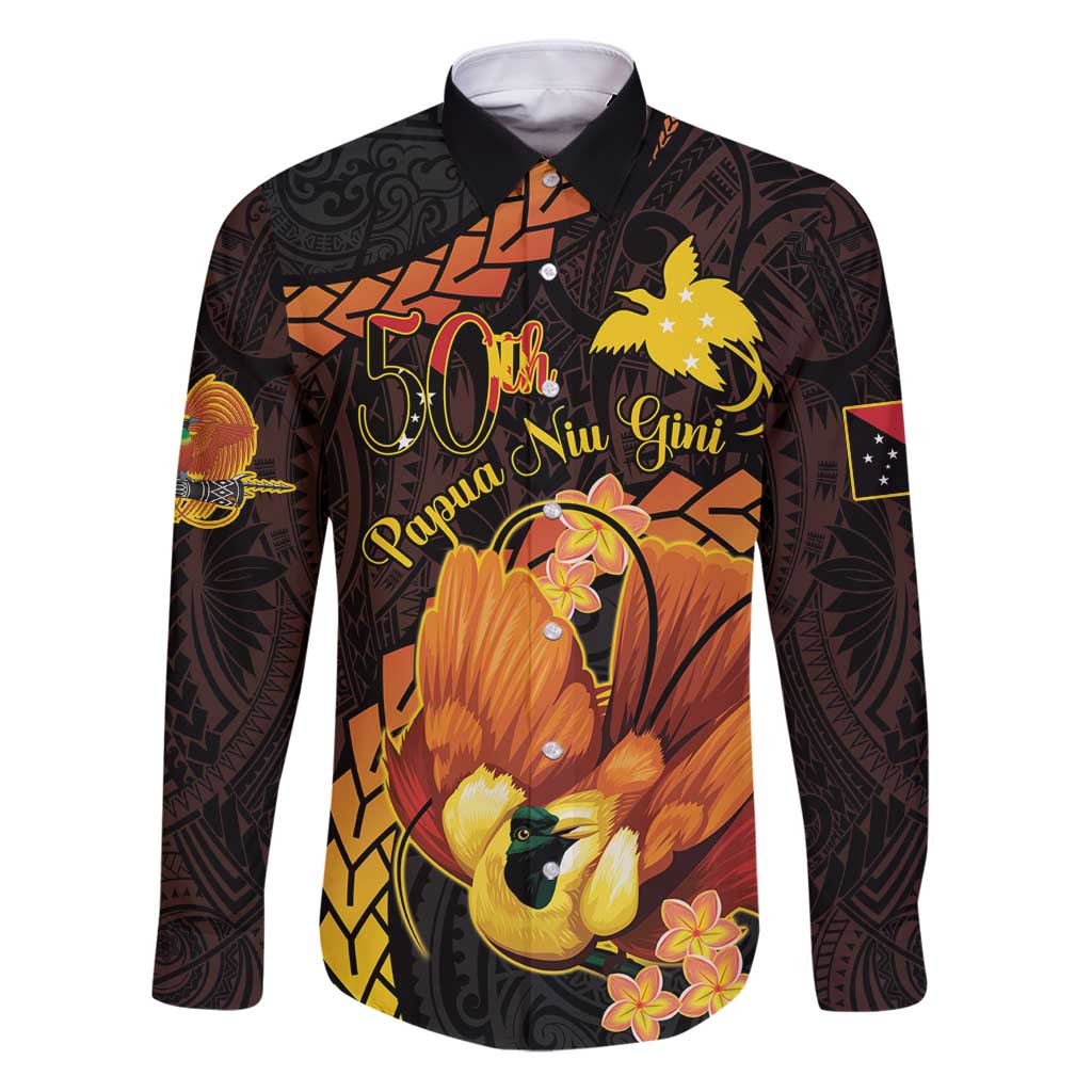 Papua New Guinea Independence Day Family Matching Puletasi and Hawaiian Shirt 50th Anniversary Papua Niu Gini Bird Of Paradise LT14 Dad's Shirt - Long Sleeve Black - Polynesian Pride