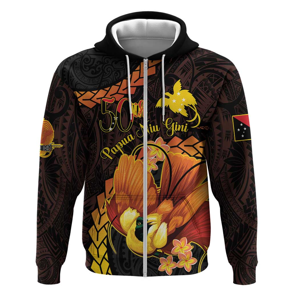 Papua New Guinea Independence Day Hoodie 50th Anniversary Papua Niu Gini Bird Of Paradise LT14 Zip Hoodie Black - Polynesian Pride