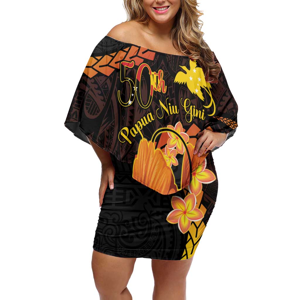 Papua New Guinea Independence Day Off Shoulder Short Dress 50th Anniversary Papua Niu Gini Bird Of Paradise LT14 Women Black - Polynesian Pride