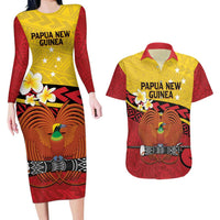 Papua New Guinea Independence Day Couples Matching Long Sleeve Bodycon Dress and Hawaiian Shirt Since 1975 Unity In Diversity LT14 Red - Polynesian Pride