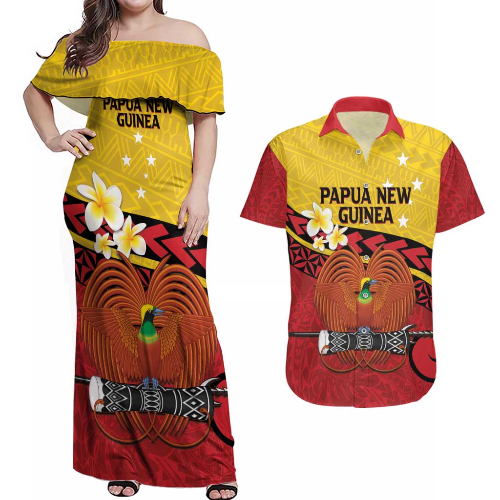 Papua New Guinea Independence Day Couples Matching Off Shoulder Maxi Dress and Hawaiian Shirt Since 1975 Unity In Diversity LT14 Red - Polynesian Pride