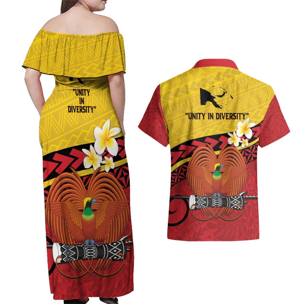 Papua New Guinea Independence Day Couples Matching Off Shoulder Maxi Dress and Hawaiian Shirt Since 1975 Unity In Diversity LT14 - Polynesian Pride