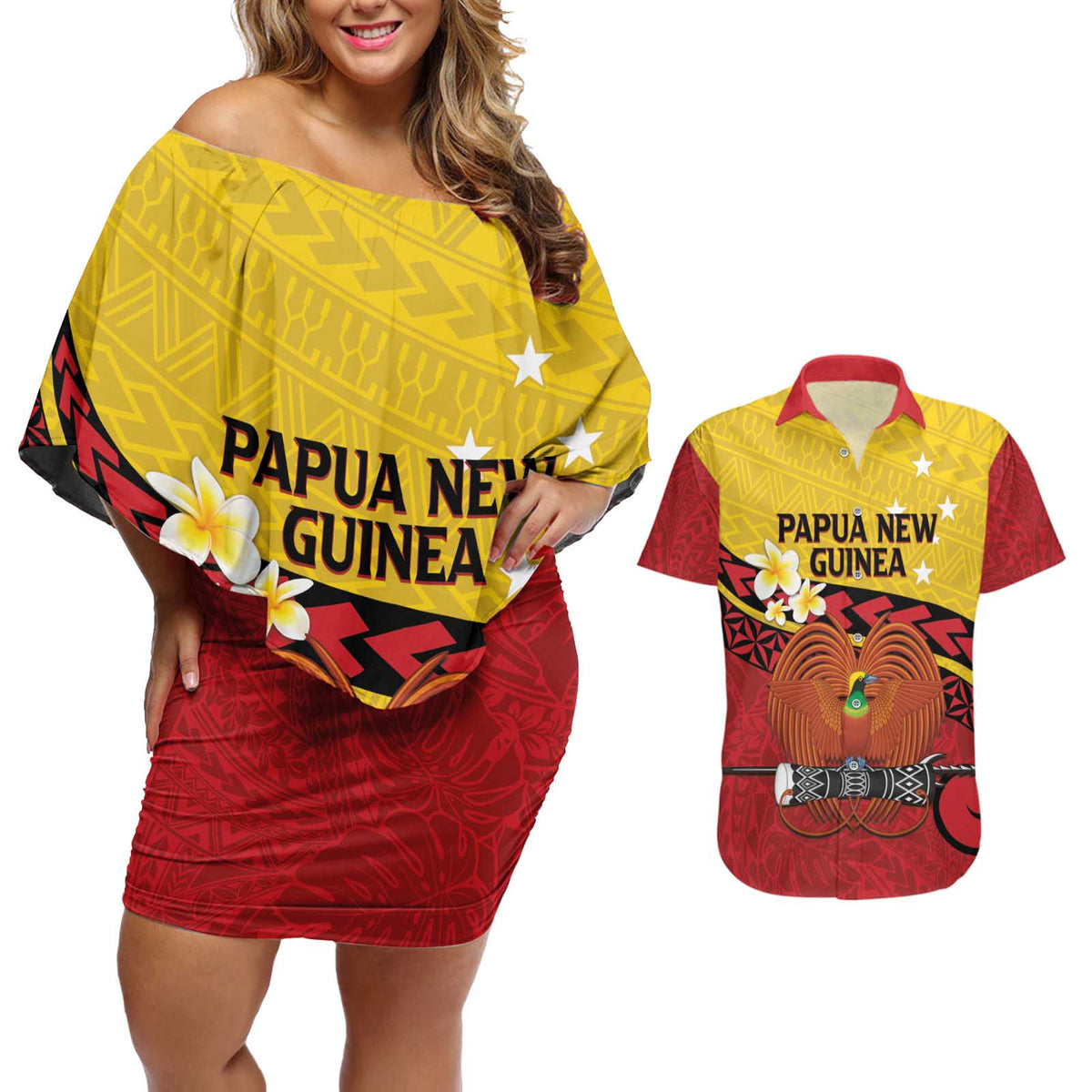 Papua New Guinea Independence Day Couples Matching Off Shoulder Short Dress and Hawaiian Shirt Since 1975 Unity In Diversity LT14 Red - Polynesian Pride