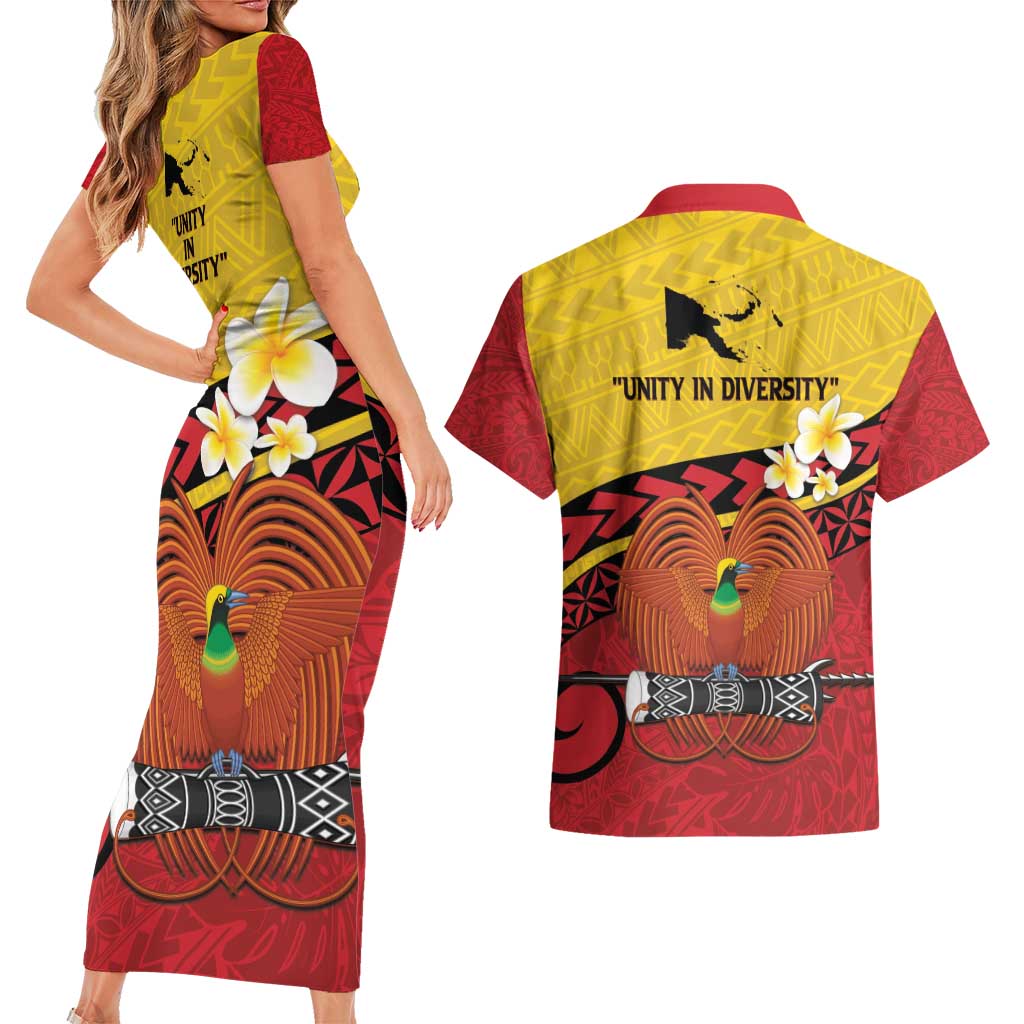 Papua New Guinea Independence Day Couples Matching Short Sleeve Bodycon Dress and Hawaiian Shirt Since 1975 Unity In Diversity LT14 - Polynesian Pride