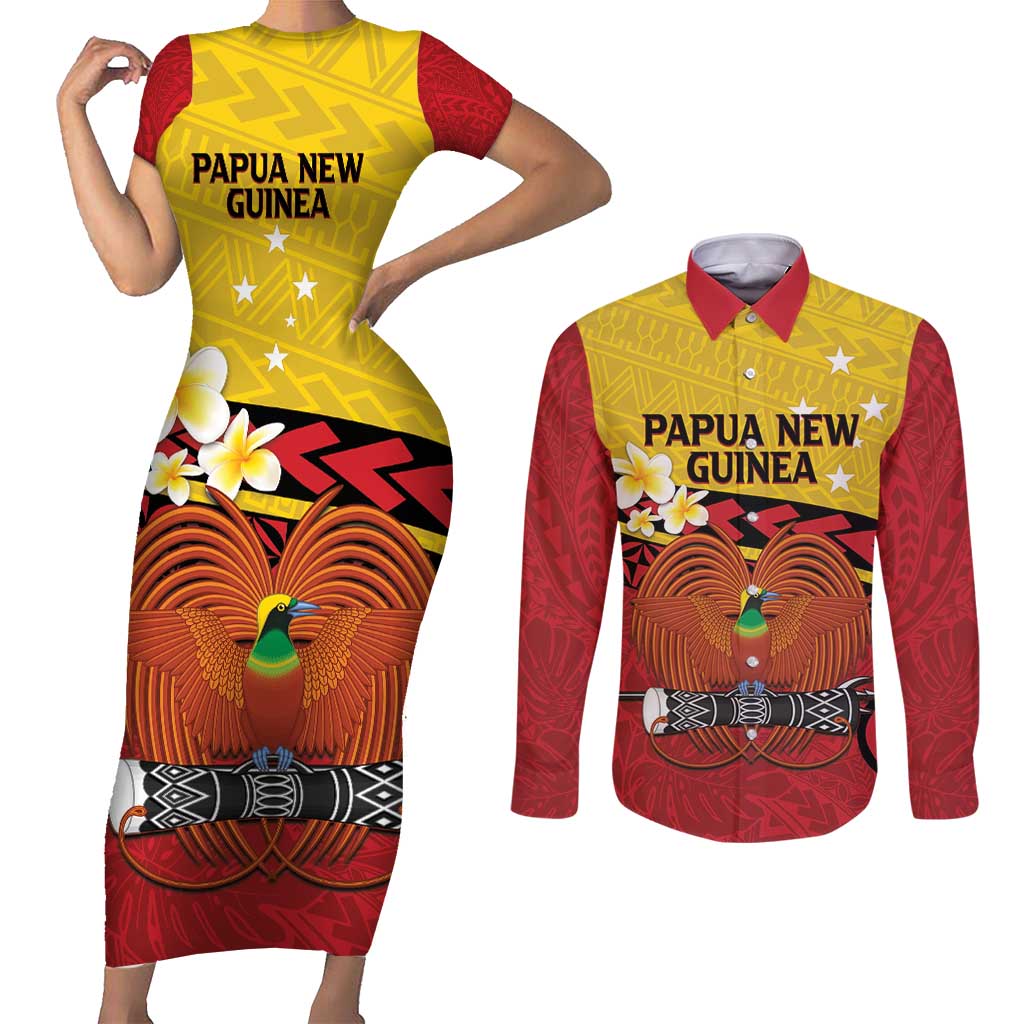 Papua New Guinea Independence Day Couples Matching Short Sleeve Bodycon Dress and Long Sleeve Button Shirt Since 1975 Unity In Diversity LT14 Red - Polynesian Pride