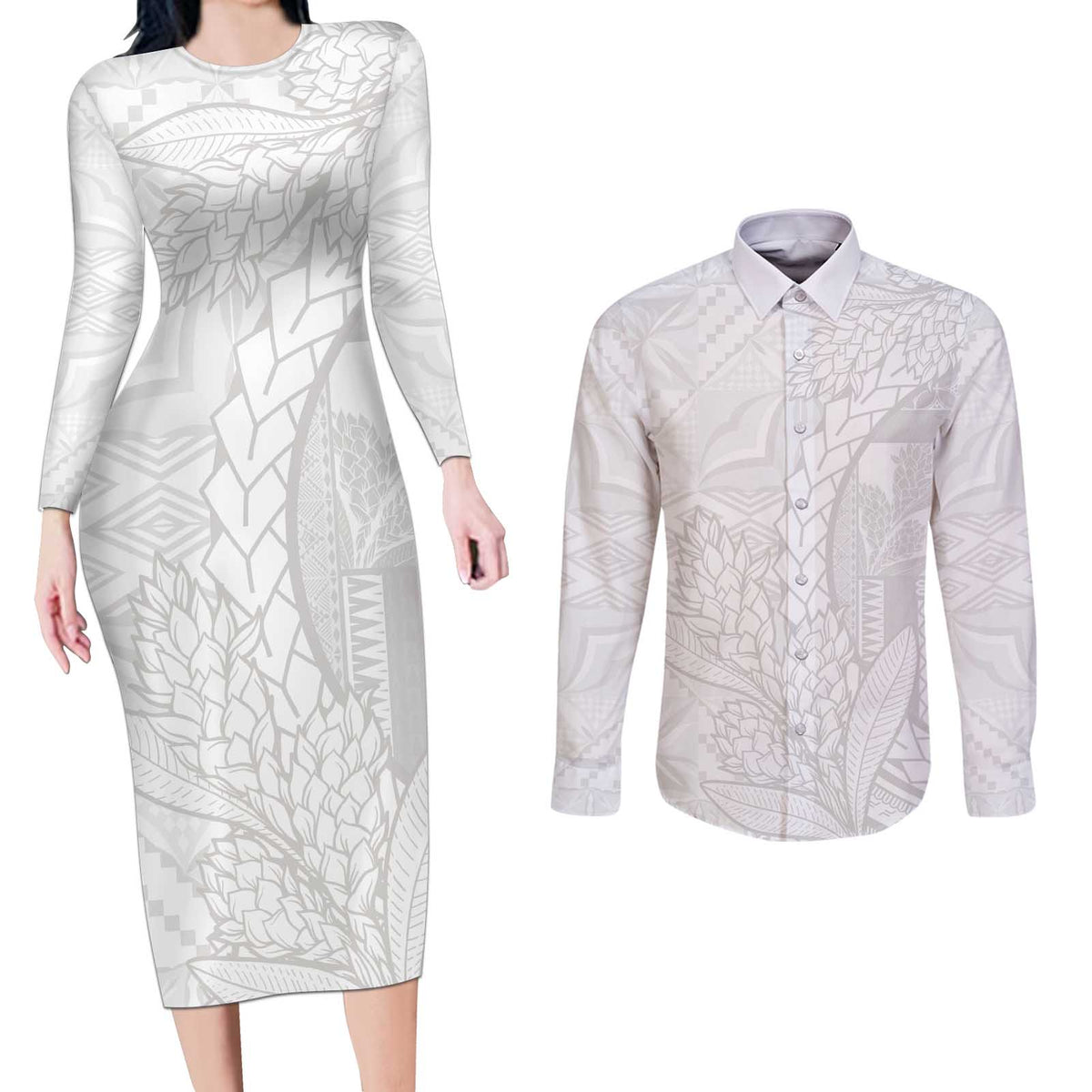 Samoa White Sunday Couples Matching Long Sleeve Bodycon Dress and Long Sleeve Button Shirt Lotu Tamaiti Siapo With Teuila LT14 White - Polynesian Pride