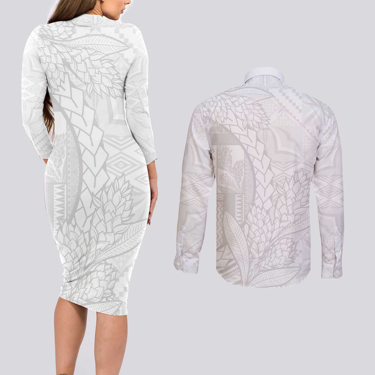 Samoa White Sunday Couples Matching Long Sleeve Bodycon Dress and Long Sleeve Button Shirt Lotu Tamaiti Siapo With Teuila LT14 - Polynesian Pride