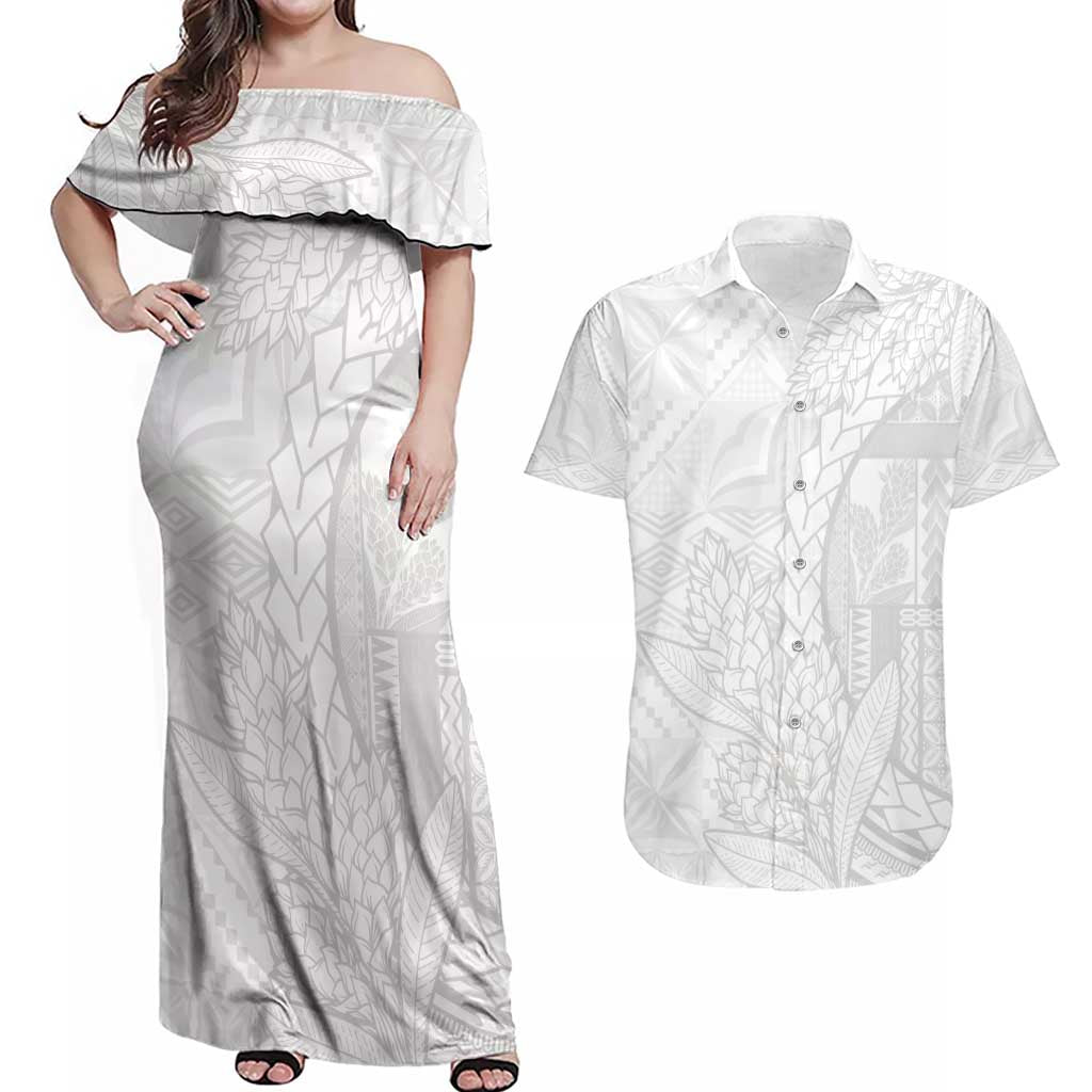 Samoa White Sunday Couples Matching Off Shoulder Maxi Dress and Hawaiian Shirt Lotu Tamaiti Siapo With Teuila LT14 White - Polynesian Pride