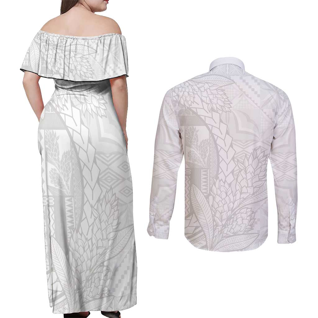 Samoa White Sunday Couples Matching Off Shoulder Maxi Dress and Long Sleeve Button Shirt Lotu Tamaiti Siapo With Teuila LT14 - Polynesian Pride