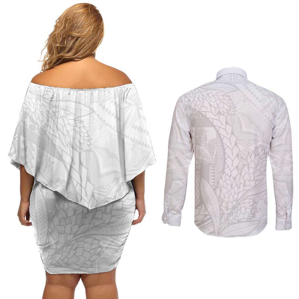 Samoa White Sunday Couples Matching Off Shoulder Short Dress and Long Sleeve Button Shirt Lotu Tamaiti Siapo With Teuila LT14 - Polynesian Pride