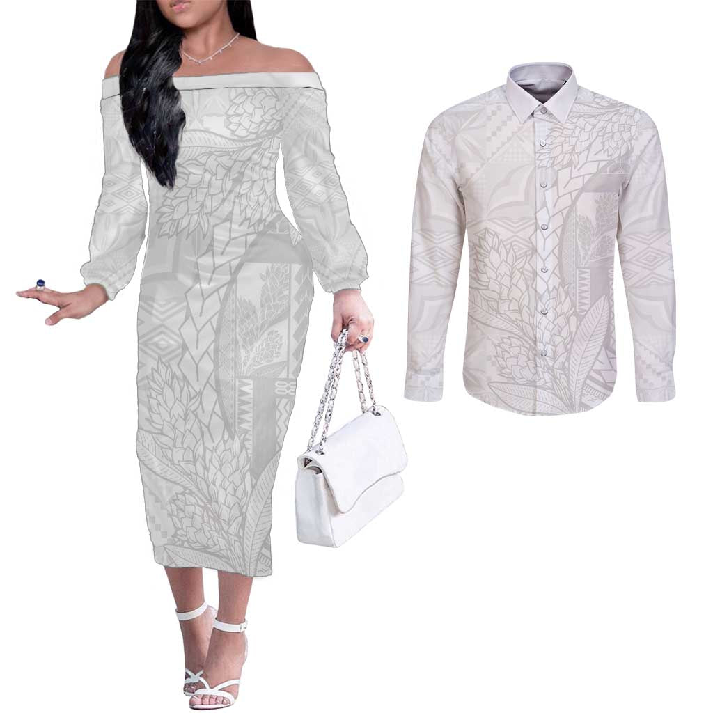 Samoa White Sunday Couples Matching Off The Shoulder Long Sleeve Dress and Long Sleeve Button Shirt Lotu Tamaiti Siapo With Teuila LT14 White - Polynesian Pride