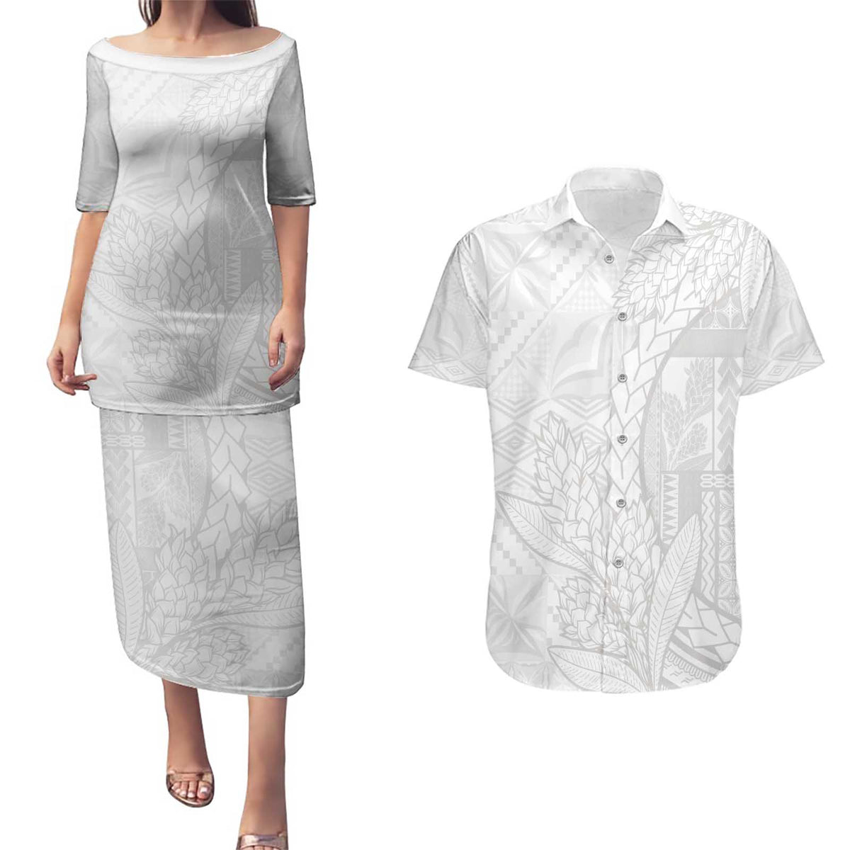 Samoa White Sunday Couples Matching Puletasi and Hawaiian Shirt Lotu Tamaiti Siapo With Teuila LT14 White - Polynesian Pride