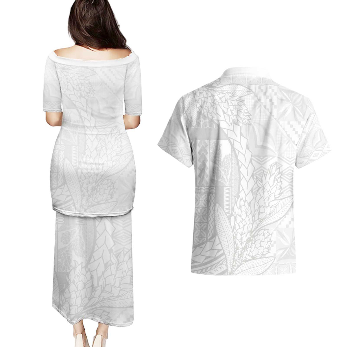 Samoa White Sunday Couples Matching Puletasi and Hawaiian Shirt Lotu Tamaiti Siapo With Teuila LT14 - Polynesian Pride