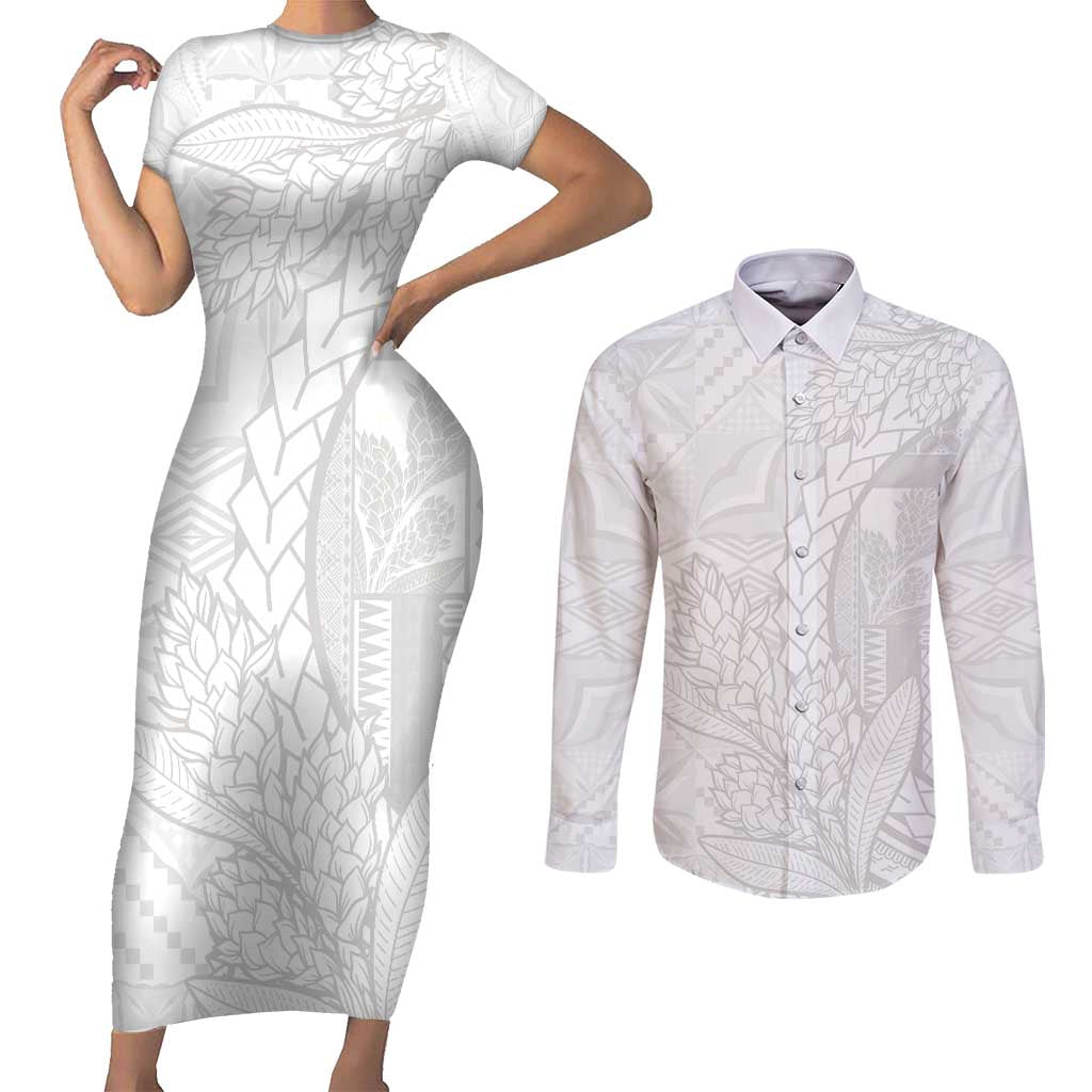 Samoa White Sunday Couples Matching Short Sleeve Bodycon Dress and Long Sleeve Button Shirt Lotu Tamaiti Siapo With Teuila LT14 White - Polynesian Pride