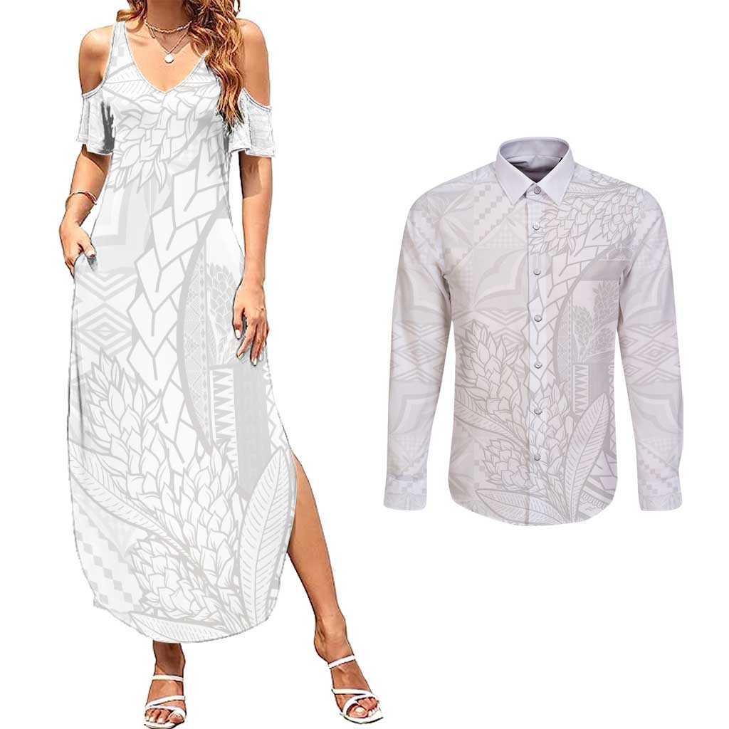 Samoa White Sunday Couples Matching Summer Maxi Dress and Long Sleeve Button Shirt Lotu Tamaiti Siapo With Teuila LT14 White - Polynesian Pride