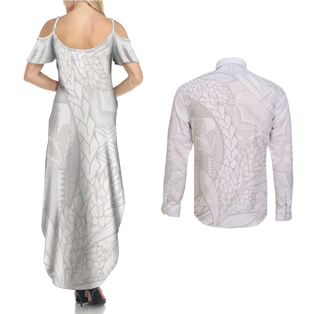 Samoa White Sunday Couples Matching Summer Maxi Dress and Long Sleeve Button Shirt Lotu Tamaiti Siapo With Teuila LT14 - Polynesian Pride