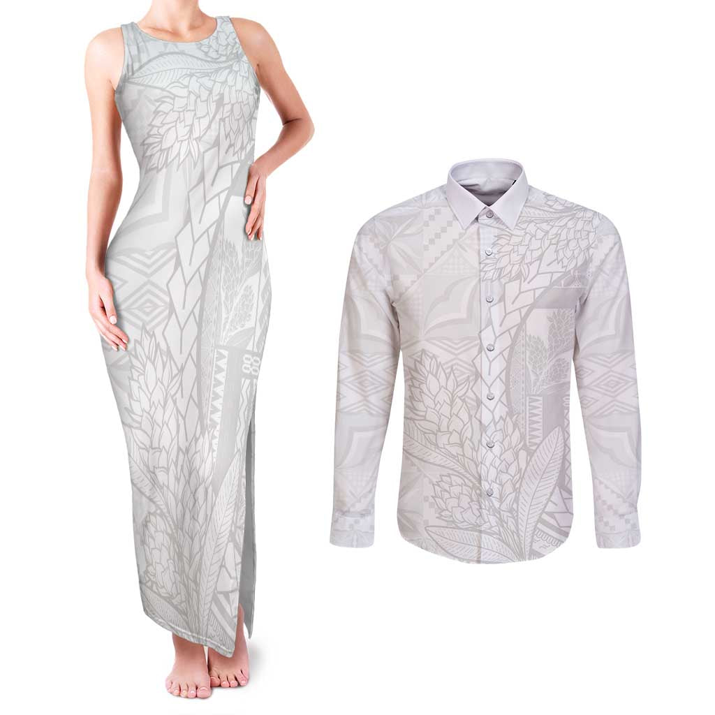 Samoa White Sunday Couples Matching Tank Maxi Dress and Long Sleeve Button Shirt Lotu Tamaiti Siapo With Teuila LT14 White - Polynesian Pride