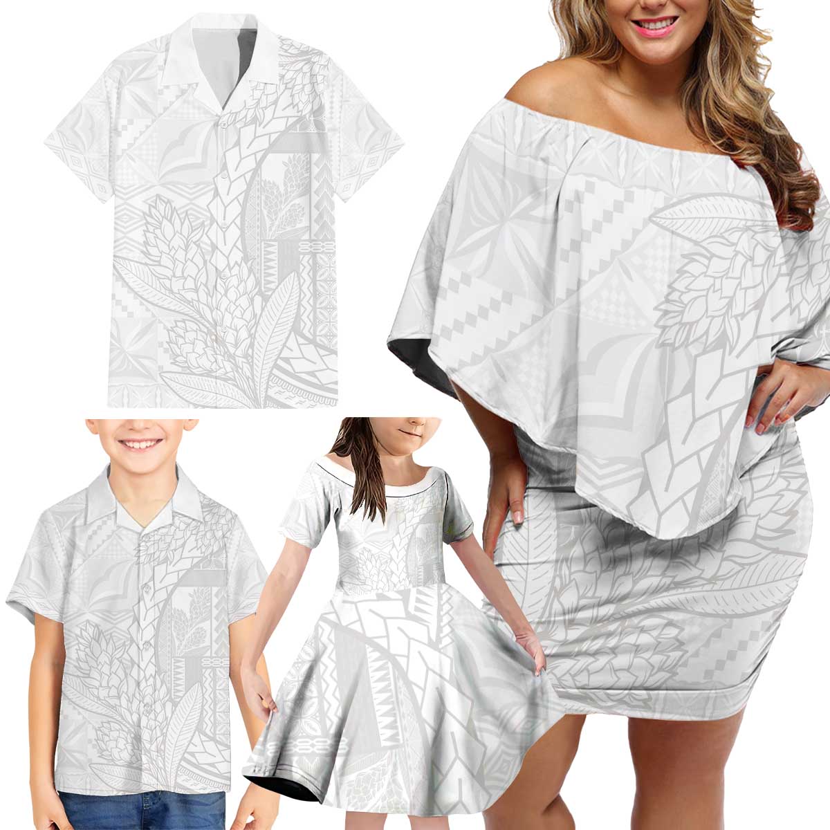 Samoa White Sunday Family Matching Off Shoulder Short Dress and Hawaiian Shirt Lotu Tamaiti Siapo With Teuila LT14 - Polynesian Pride