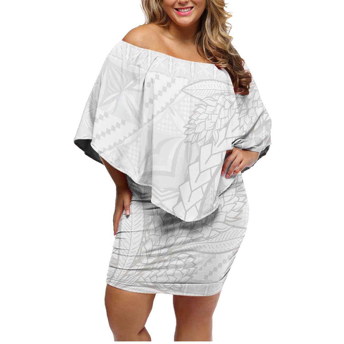 Samoa White Sunday Family Matching Off Shoulder Short Dress and Hawaiian Shirt Lotu Tamaiti Siapo With Teuila LT14 Mom's Dress White - Polynesian Pride