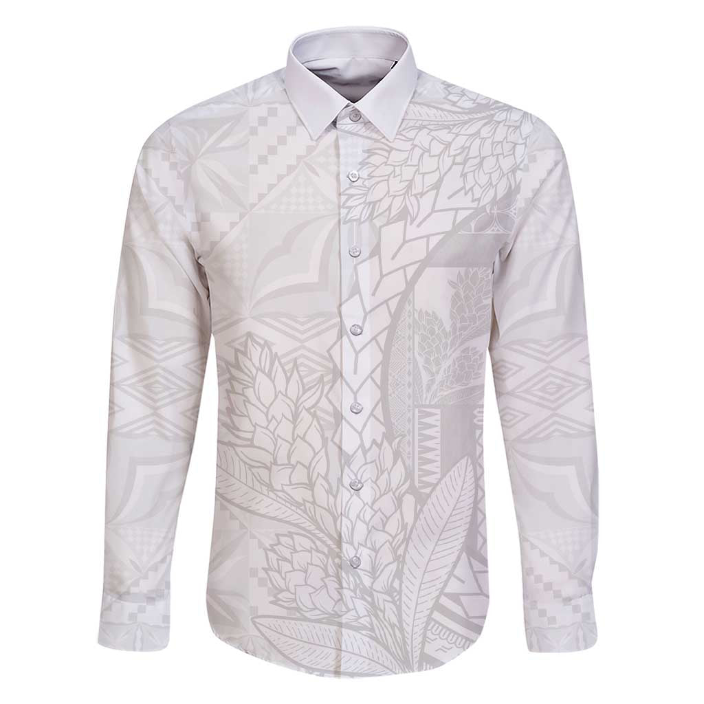 Samoa White Sunday Family Matching Short Sleeve Bodycon Dress and Hawaiian Shirt Lotu Tamaiti Siapo With Teuila LT14 Dad's Shirt - Long Sleeve White - Polynesian Pride