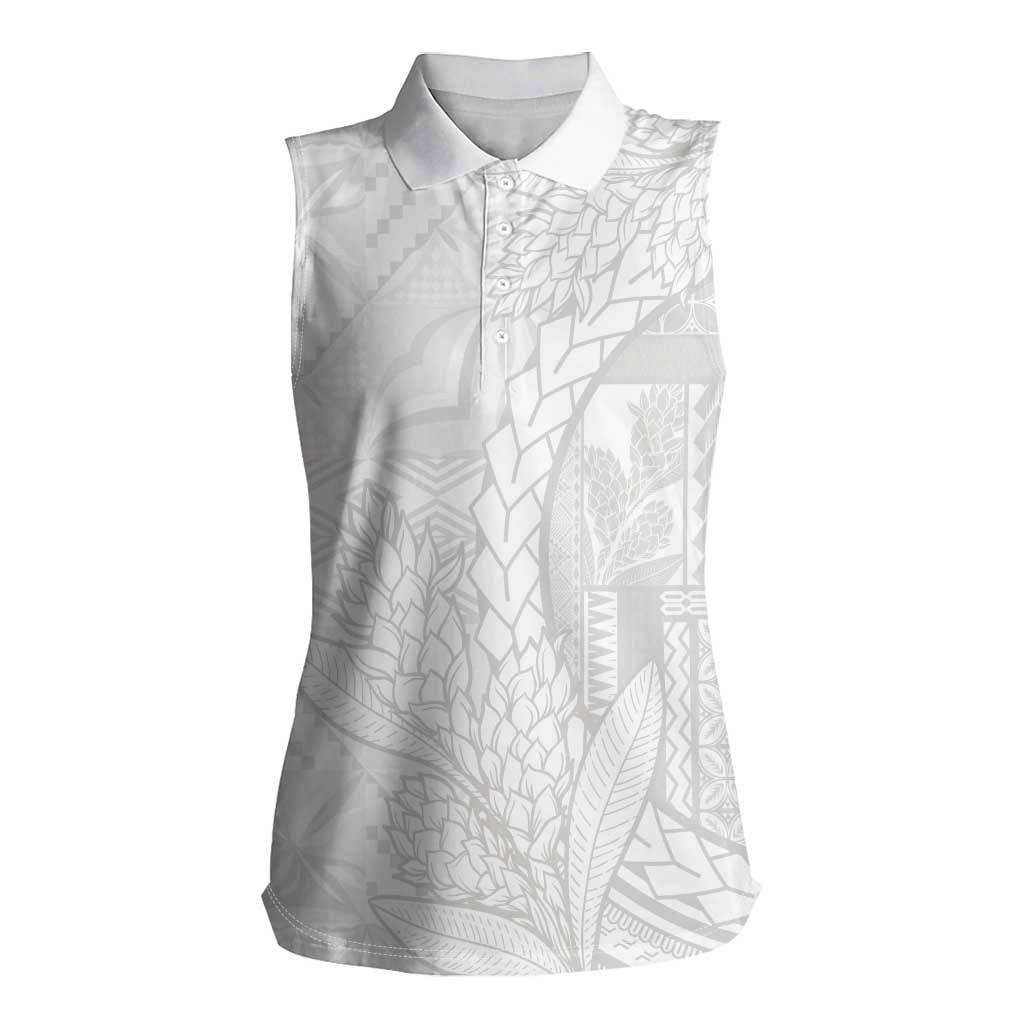Samoa White Sunday Women Sleeveless Polo Shirt Lotu Tamaiti Siapo With Teuila LT14 Female White - Polynesian Pride