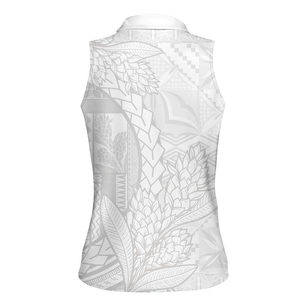 Samoa White Sunday Women Sleeveless Polo Shirt Lotu Tamaiti Siapo With Teuila LT14 - Polynesian Pride