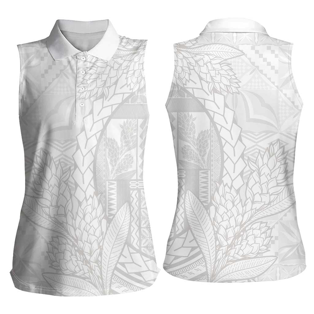 Samoa White Sunday Women Sleeveless Polo Shirt Lotu Tamaiti Siapo With Teuila LT14 - Polynesian Pride