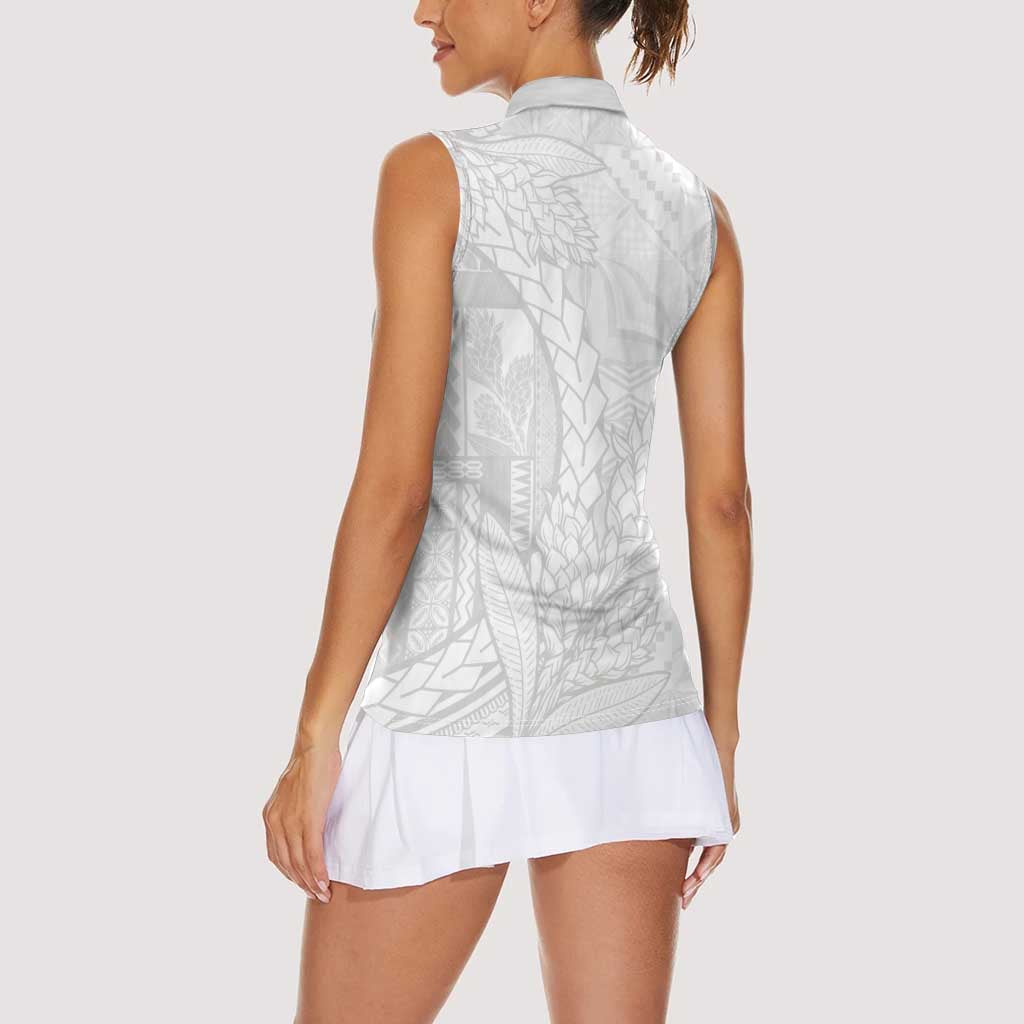 Samoa White Sunday Women Sleeveless Polo Shirt Lotu Tamaiti Siapo With Teuila LT14 - Polynesian Pride