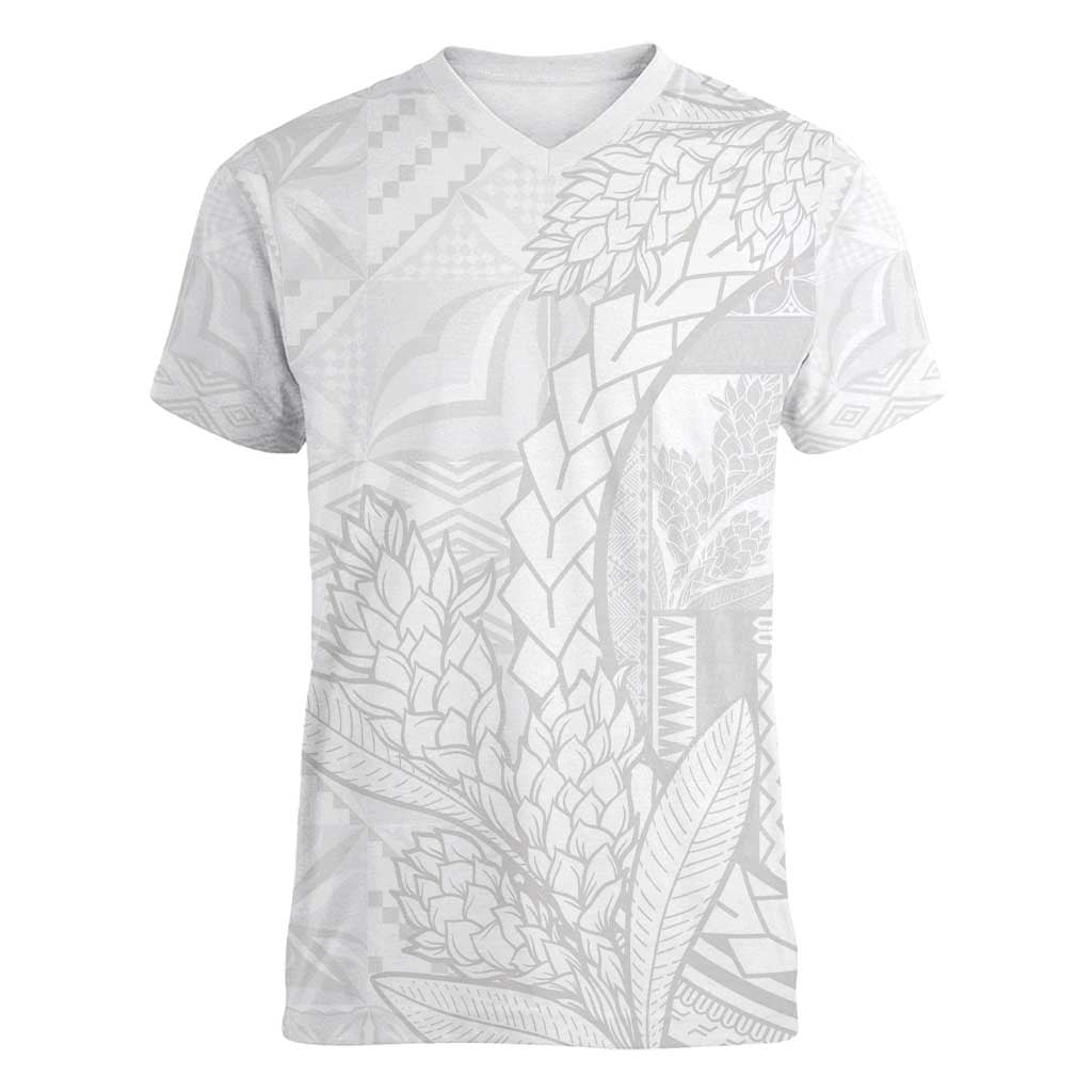 Samoa White Sunday Women V-Neck T-Shirt Lotu Tamaiti Siapo With Teuila LT14 Female White - Polynesian Pride