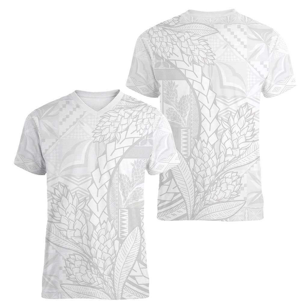 Samoa White Sunday Women V-Neck T-Shirt Lotu Tamaiti Siapo With Teuila LT14 - Polynesian Pride