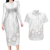 Tonga White Sunday Couples Matching Long Sleeve Bodycon Dress and Hawaiian Shirt Manuia le Aso Sa o Tamaiti Heilala With Ngatu Pattern LT14 White - Polynesian Pride