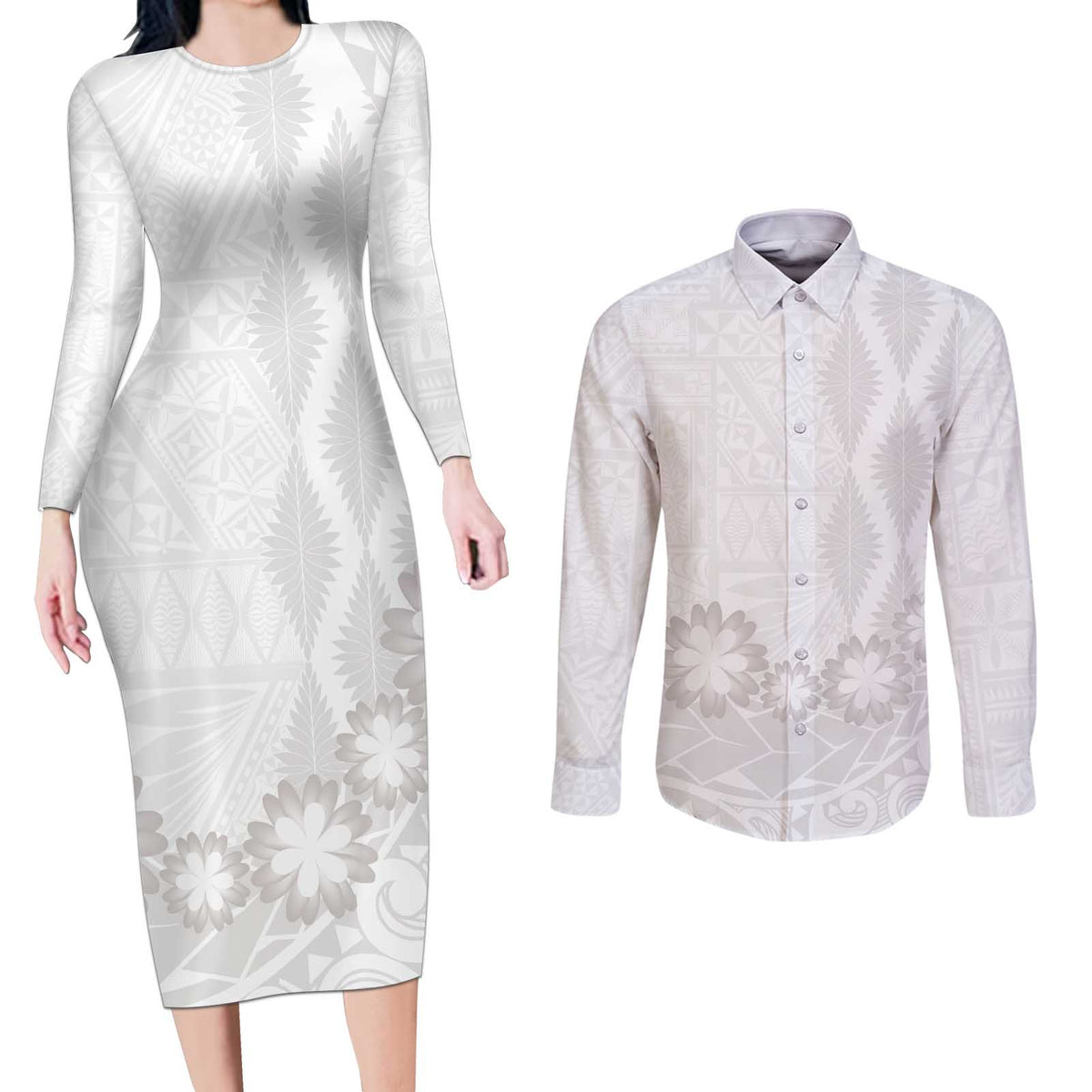 Tonga White Sunday Couples Matching Long Sleeve Bodycon Dress and Long Sleeve Button Shirt Manuia le Aso Sa o Tamaiti Heilala With Ngatu Pattern LT14 White - Polynesian Pride