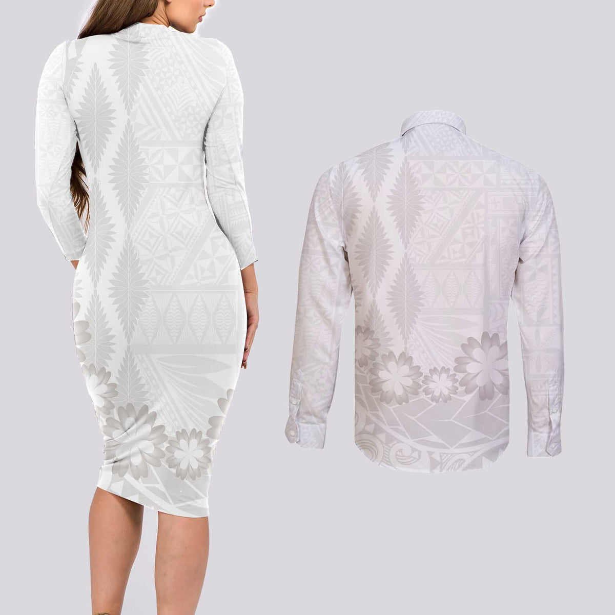 Tonga White Sunday Couples Matching Long Sleeve Bodycon Dress and Long Sleeve Button Shirt Manuia le Aso Sa o Tamaiti Heilala With Ngatu Pattern LT14 - Polynesian Pride