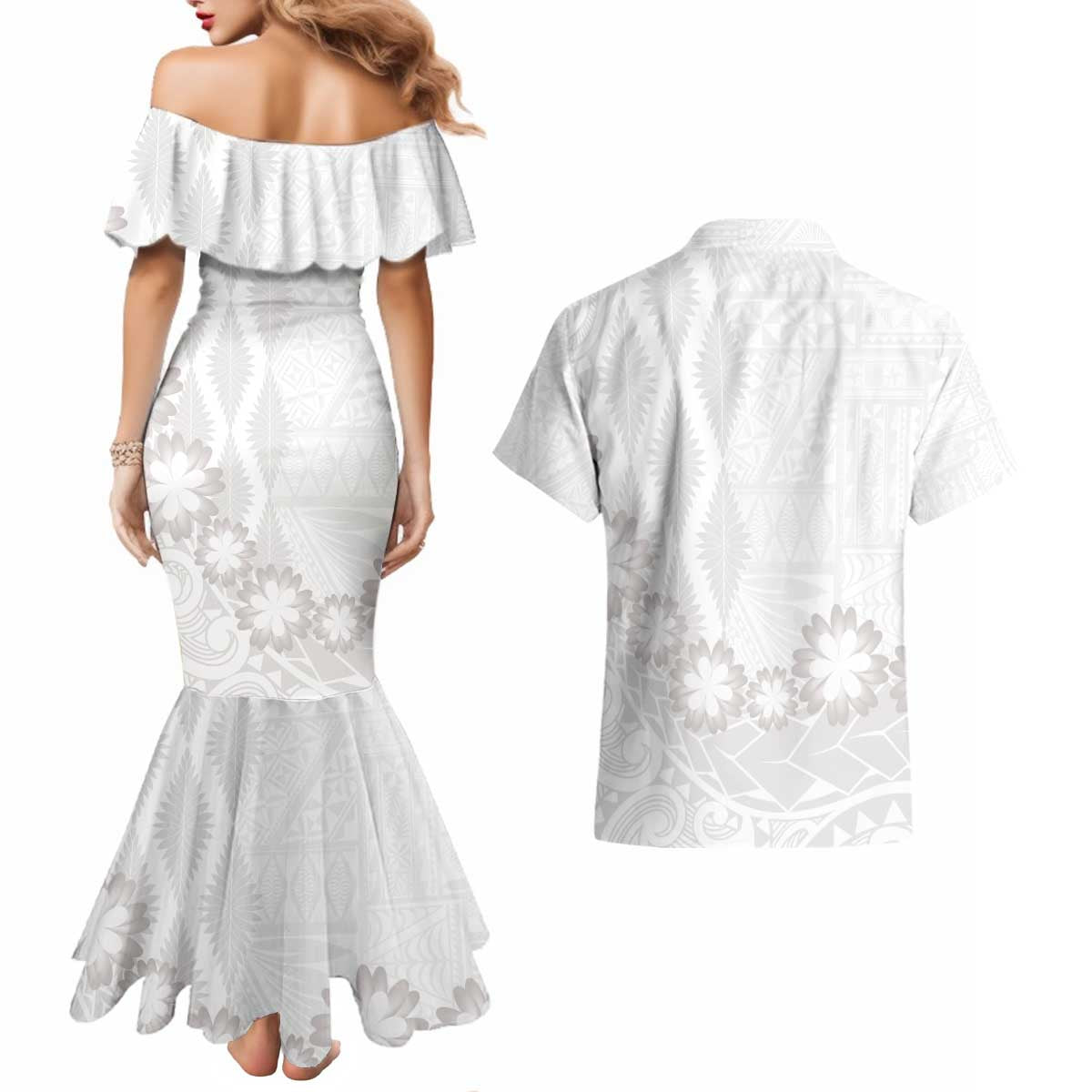 Tonga White Sunday Couples Matching Mermaid Dress and Hawaiian Shirt Manuia le Aso Sa o Tamaiti Heilala With Ngatu Pattern LT14 - Polynesian Pride