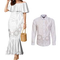 Tonga White Sunday Couples Matching Mermaid Dress and Long Sleeve Button Shirt Manuia le Aso Sa o Tamaiti Heilala With Ngatu Pattern LT14 White - Polynesian Pride