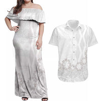 Tonga White Sunday Couples Matching Off Shoulder Maxi Dress and Hawaiian Shirt Manuia le Aso Sa o Tamaiti Heilala With Ngatu Pattern LT14 White - Polynesian Pride