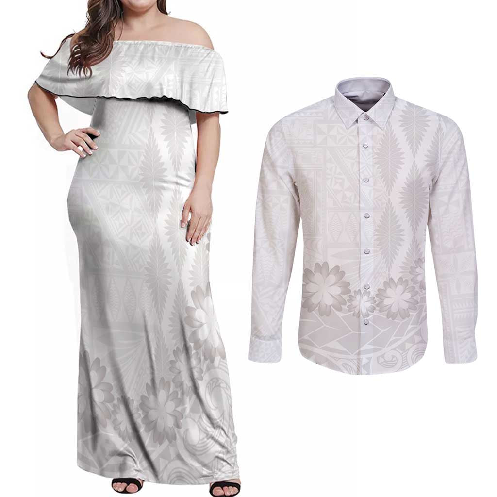 Tonga White Sunday Couples Matching Off Shoulder Maxi Dress and Long Sleeve Button Shirt Manuia le Aso Sa o Tamaiti Heilala With Ngatu Pattern LT14 White - Polynesian Pride
