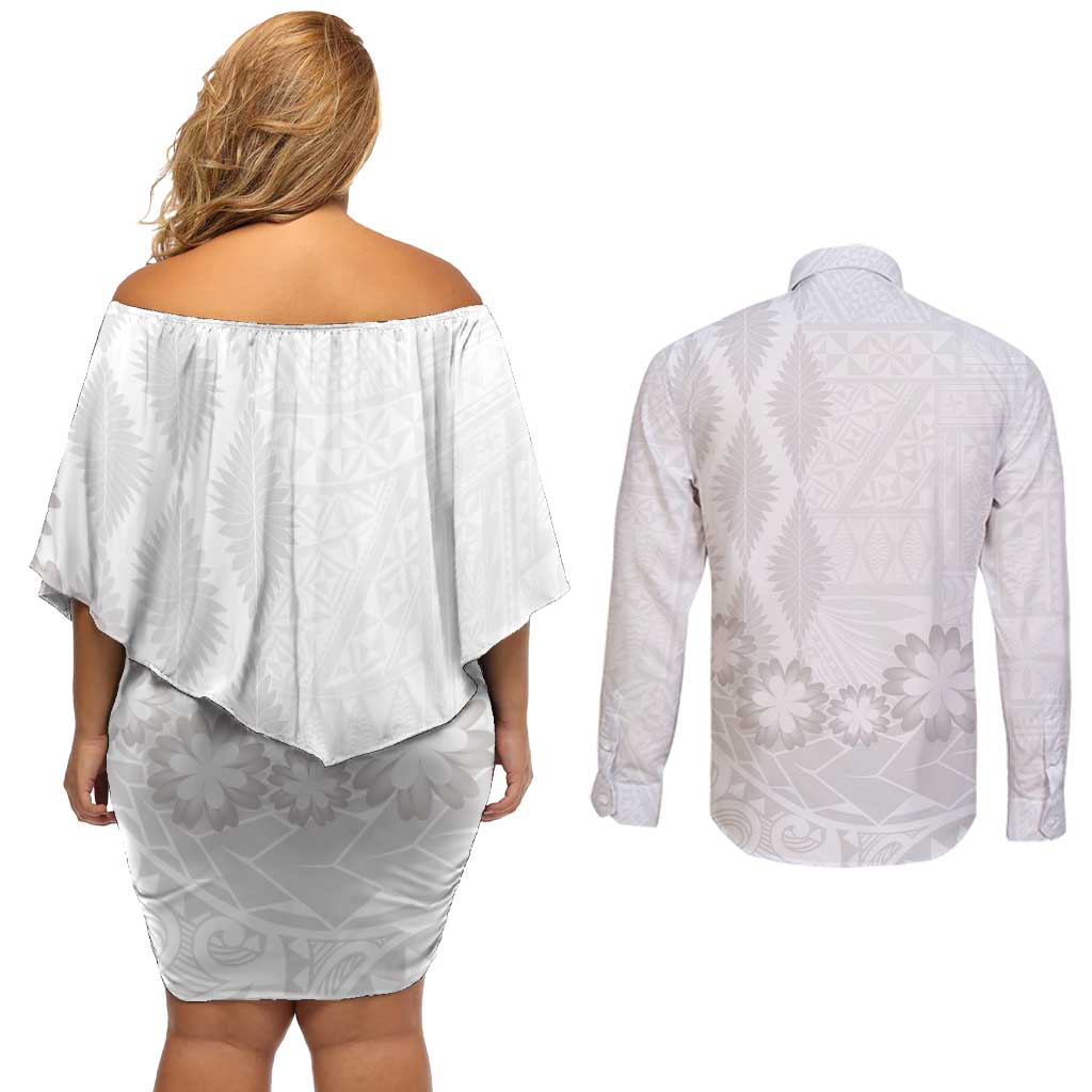 Tonga White Sunday Couples Matching Off Shoulder Short Dress and Long Sleeve Button Shirt Manuia le Aso Sa o Tamaiti Heilala With Ngatu Pattern LT14 - Polynesian Pride