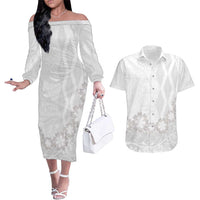 Tonga White Sunday Couples Matching Off The Shoulder Long Sleeve Dress and Hawaiian Shirt Manuia le Aso Sa o Tamaiti Heilala With Ngatu Pattern LT14 White - Polynesian Pride