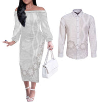 Tonga White Sunday Couples Matching Off The Shoulder Long Sleeve Dress and Long Sleeve Button Shirt Manuia le Aso Sa o Tamaiti Heilala With Ngatu Pattern LT14 White - Polynesian Pride