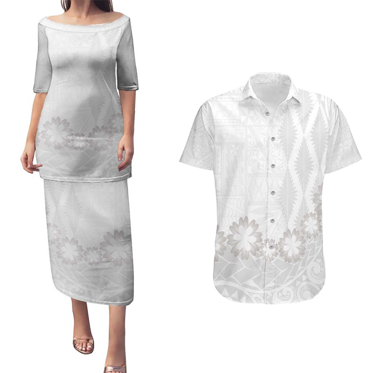 Tonga White Sunday Couples Matching Puletasi and Hawaiian Shirt Manuia le Aso Sa o Tamaiti Heilala With Ngatu Pattern LT14 White - Polynesian Pride