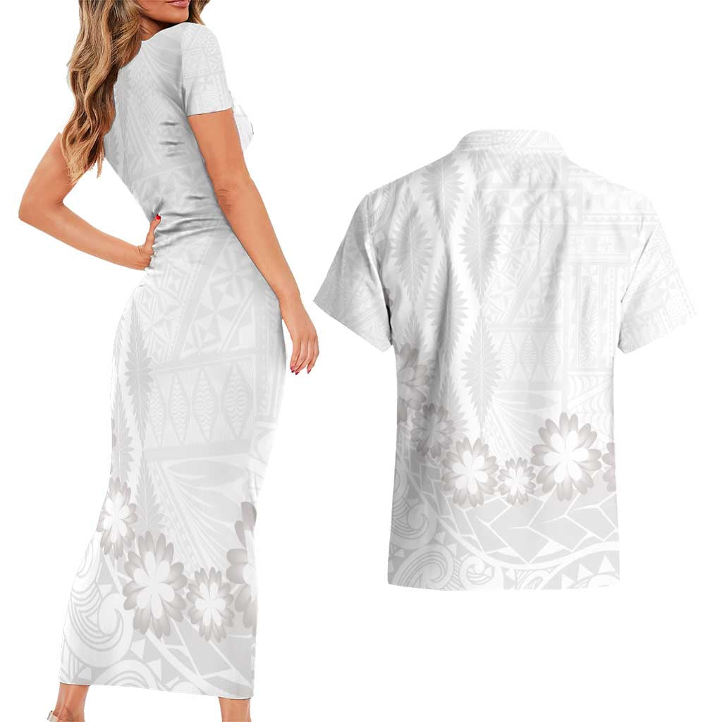 Tonga White Sunday Couples Matching Short Sleeve Bodycon Dress and Hawaiian Shirt Manuia le Aso Sa o Tamaiti Heilala With Ngatu Pattern LT14 - Polynesian Pride