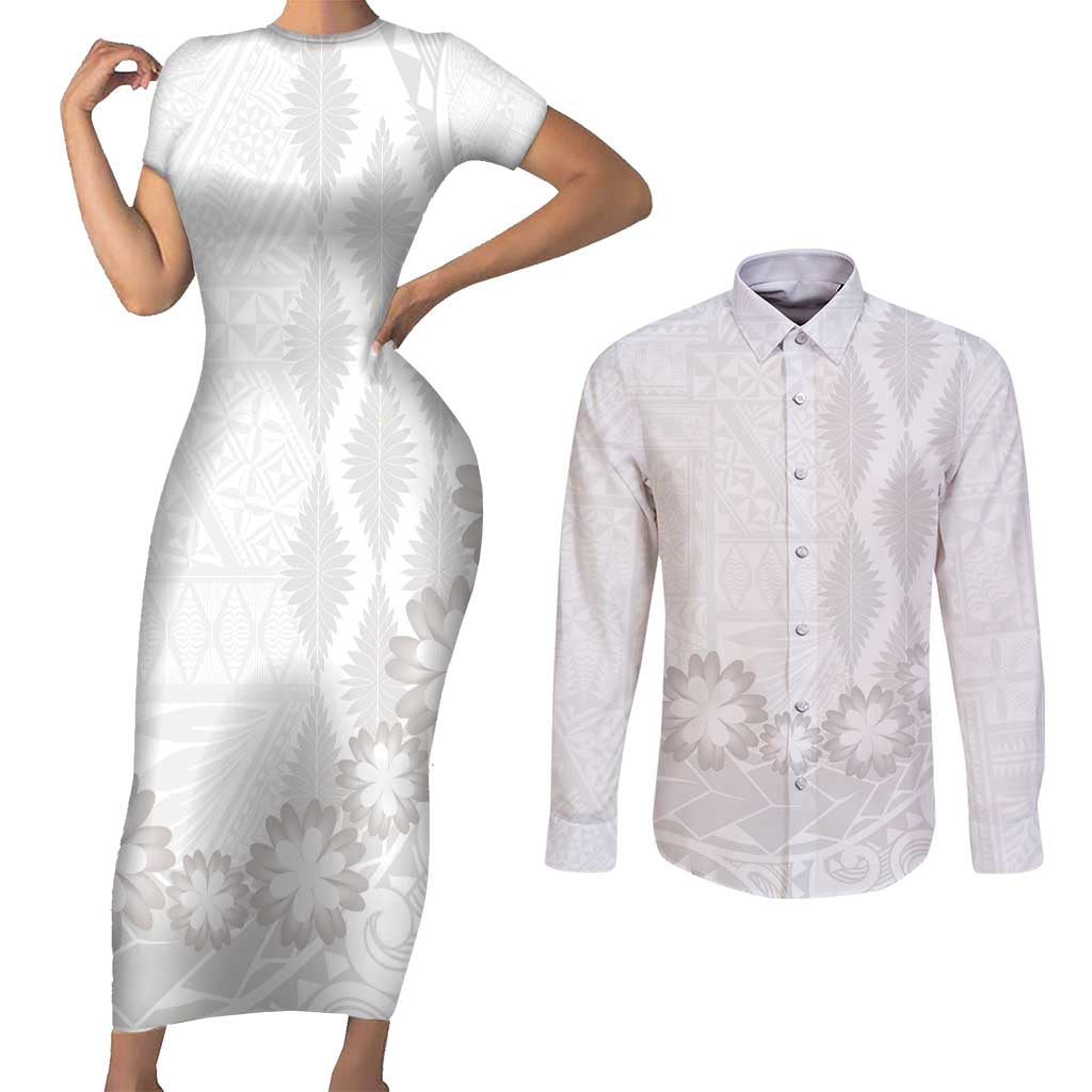 Tonga White Sunday Couples Matching Short Sleeve Bodycon Dress and Long Sleeve Button Shirt Manuia le Aso Sa o Tamaiti Heilala With Ngatu Pattern LT14 White - Polynesian Pride