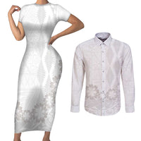 Tonga White Sunday Couples Matching Short Sleeve Bodycon Dress and Long Sleeve Button Shirt Manuia le Aso Sa o Tamaiti Heilala With Ngatu Pattern LT14 White - Polynesian Pride