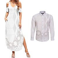 Tonga White Sunday Couples Matching Summer Maxi Dress and Long Sleeve Button Shirt Manuia le Aso Sa o Tamaiti Heilala With Ngatu Pattern LT14 White - Polynesian Pride