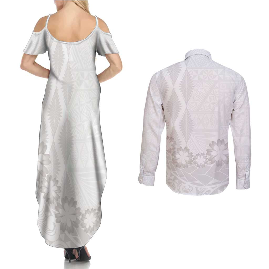 Tonga White Sunday Couples Matching Summer Maxi Dress and Long Sleeve Button Shirt Manuia le Aso Sa o Tamaiti Heilala With Ngatu Pattern LT14 - Polynesian Pride