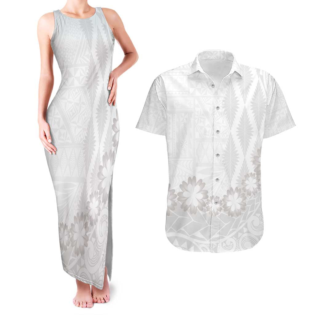 Tonga White Sunday Couples Matching Tank Maxi Dress and Hawaiian Shirt Manuia le Aso Sa o Tamaiti Heilala With Ngatu Pattern LT14 White - Polynesian Pride