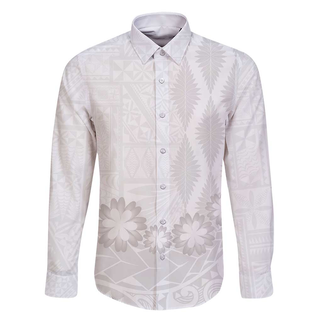 Tonga White Sunday Family Matching Long Sleeve Bodycon Dress and Hawaiian Shirt Manuia le Aso Sa o Tamaiti Heilala With Ngatu Pattern LT14 Dad's Shirt - Long Sleeve White - Polynesian Pride