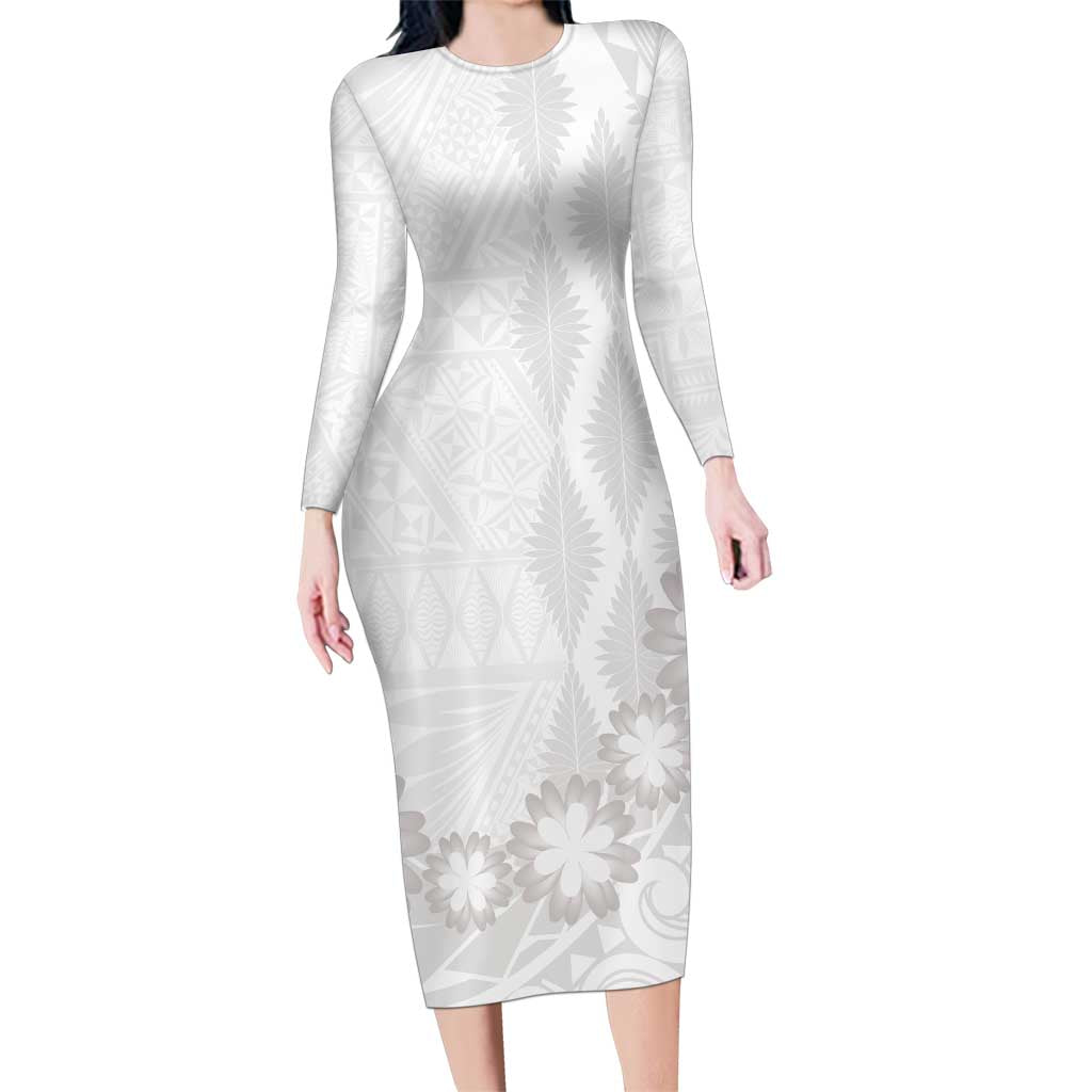 Tonga White Sunday Family Matching Long Sleeve Bodycon Dress and Hawaiian Shirt Manuia le Aso Sa o Tamaiti Heilala With Ngatu Pattern LT14 Mom's Dress White - Polynesian Pride